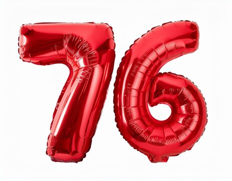数字の76の形の赤い風船（Number 76 red foil balloon on white background）
