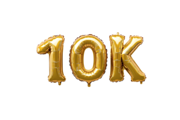 10k numbers made with golden foil balloon, isolated on transparent background, can be used for socail media celebrations, youtube subscribers, Instagram followers, facebook likes/followers. Web Social