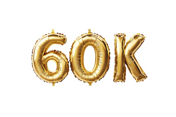 60k numbers made with golden foil balloon, isolated on transparent background, can be used for socail media celebrations, youtube subscribers, Instagram followers, facebook likes/followers. Web Social