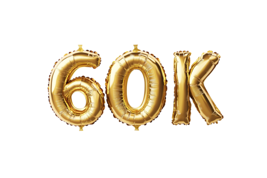 60k numbers made with golden foil balloon, isolated on transparent background, can be used for socail media celebrations, youtube subscribers, Instagram followers, facebook likes/followers. Web Social