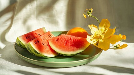 Slices of Watermelon with Yellow Flower and Sunlight on a Green Plate