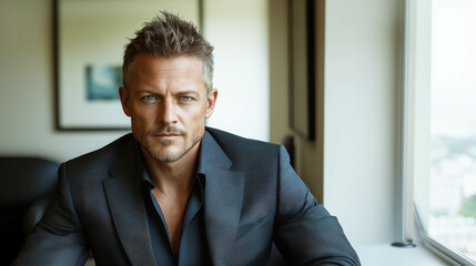 Fototapeta premium A confident businessman in a dark suit stands in a modern office, exuding professionalism and leadership with a focused expression. 