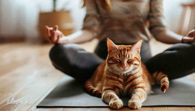 Beautiful woman with a cute ginger cat doing yoga on the mat at home, illustration.