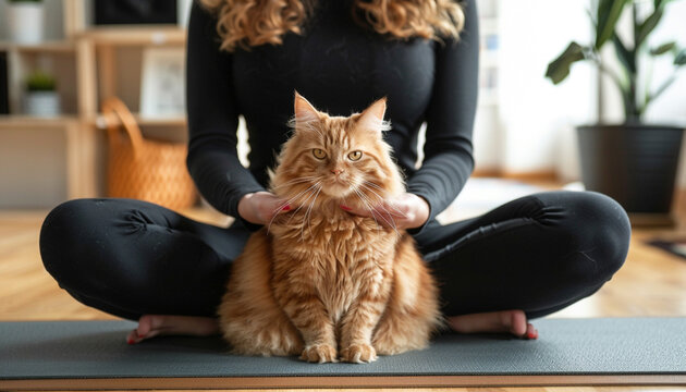 Beautiful woman with a cute ginger cat doing yoga on the mat at home, illustration.