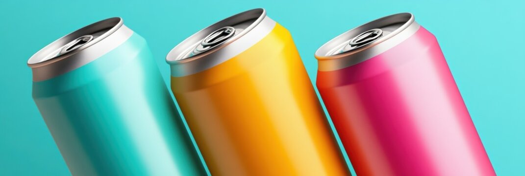 Vibrant Beverage Can Mock-Up Set, three colorful designs, transparent background, ideal for branding and marketing presentations.
