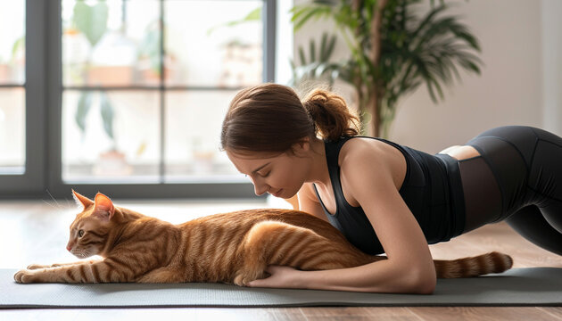 Beautiful woman with a cute ginger cat doing yoga on the mat at home, illustration.
