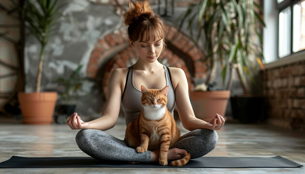 Beautiful woman with a cute ginger cat doing yoga on the mat at home, illustration.