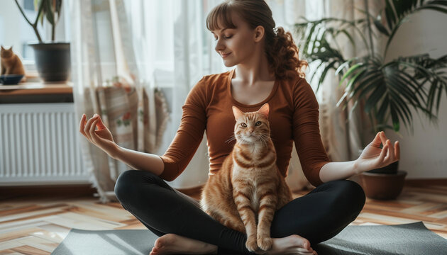 Beautiful woman with a cute ginger cat doing yoga on the mat at home, illustration.