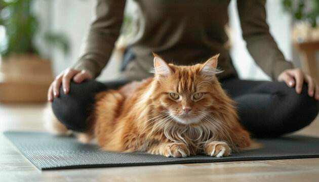 Beautiful woman with a cute ginger cat doing yoga on the mat at home, illustration.