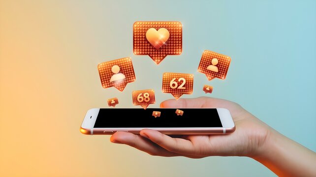 Social Media Engagement: A Hand Holding a Smartphone with Floating Notification Icons Displaying Likes, Follows, and Comments, Representing Modern Communication and Connectivity