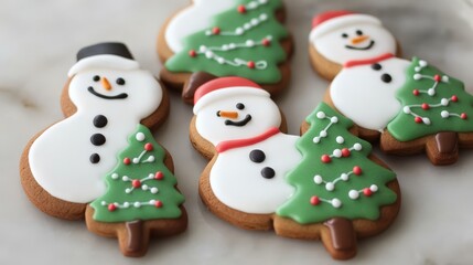 Festively Decorated Christmas Cookies Featuring Snowmen and Trees