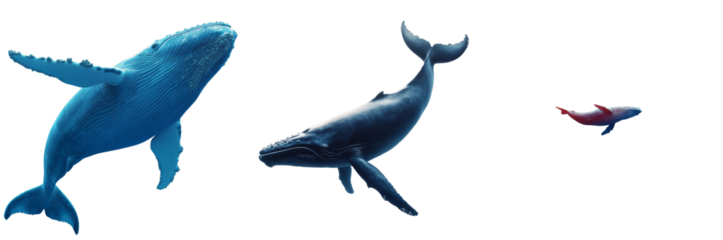 Two humpback whales swim harmoniously in the ocean depths, highlighting their elegant size and beauty, while a smaller fish swims nearby, adding to the underwater tranquility isolated PNG