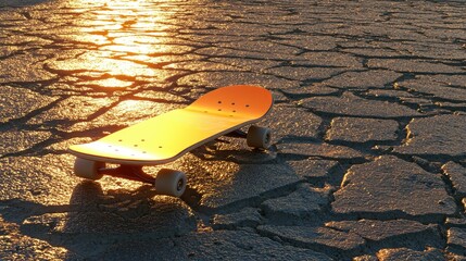 A lone skateboard resting on a sunlit street with cracked pavement, capturing the essence of urban skate culture and freedom. - Powered by Adobe