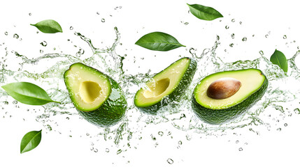 Fresh, delicious avocado halves splashing with leaves, isolated on white background