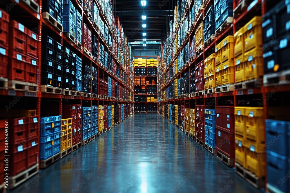 Poster a wide-angle view of a well-organized warehouse aisle filled with colorful crates and boxes, showcas