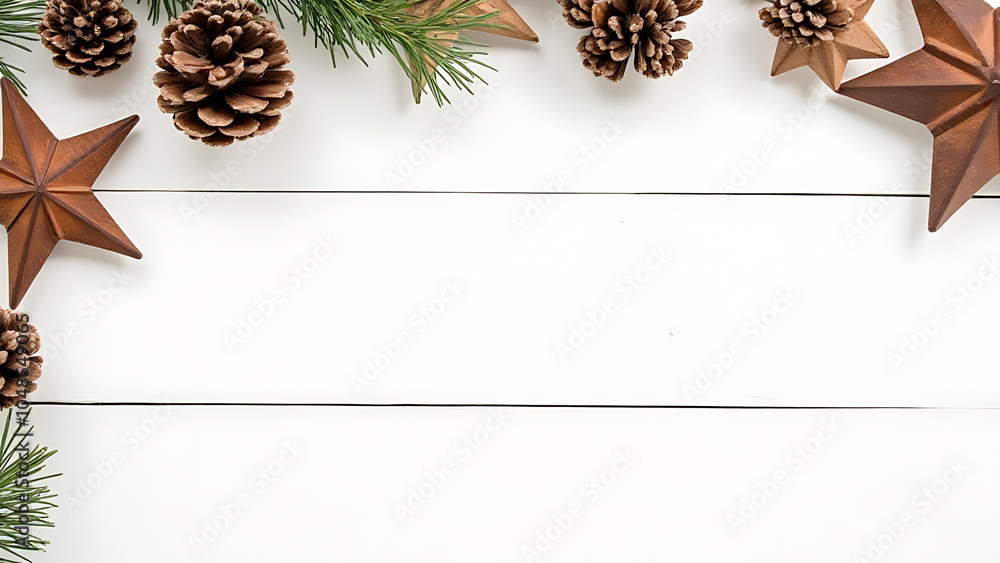 Aufkleber Wooden Christmas table setting features decorations on a white surface with empty space around it for added simplicity.