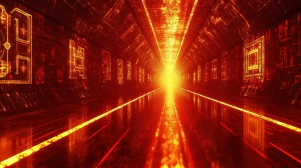 Fototapeta premium Futuristic Glowing Tunnel With Red And Yellow Lights - 3D Render.