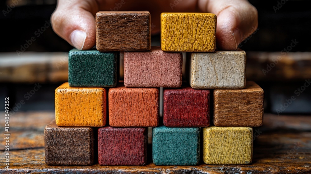 Poster a person's hand holds a colorful stack of wooden blocks arranged in a pyramid shape on a rustic wood