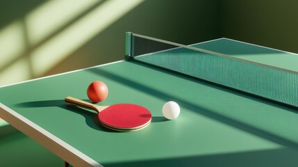 A neatly arranged set of ping pong paddles and a ball on a classic green table, with clean lines and a soft, natural light environment.