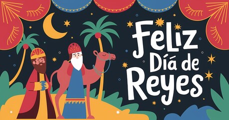Feliz Dia de Reyes Celebration with Three Kings and Colorful Gifts