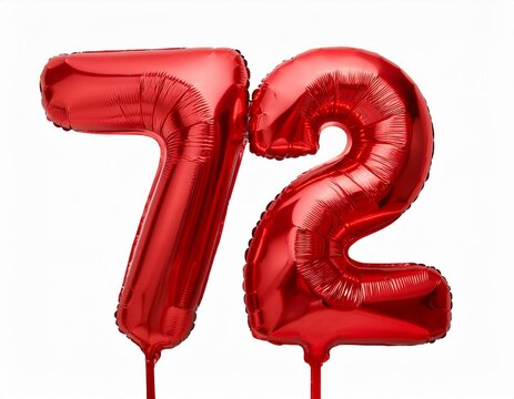 数字の72の形の赤い風船（Number 72 red foil balloon on white background）
