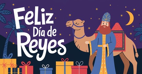 Feliz Dia de Reyes Celebration with Three Kings and Colorful Gifts
