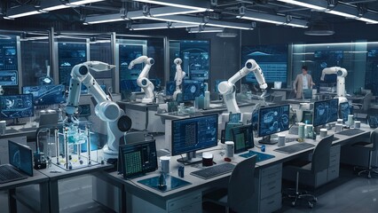High-tech lab with autonomous AI conducting experiments