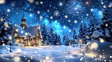 Enchanting New Year's Eve with Snowy Landscape and Fireworks