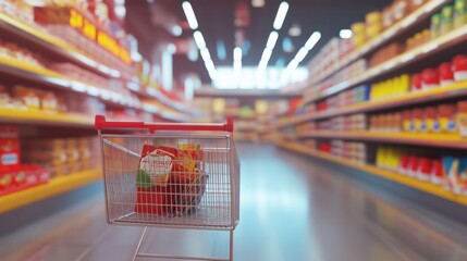 A shopping cart is in a store aisle with many items on the shelves
