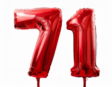 数字の71の形の赤い風船（Number 71 red foil balloon on white background）

