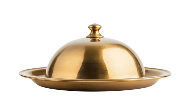 Golden serving cloche raised above empty golden plate, isolated on white background