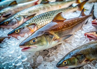Fototapeta premium Iridescent Shark and Sutchi Catfish on Ice - Fresh Seafood Display, Underwater Cuisine, Fishing, Striped Catfish, Seafood Market, Culinary Delights, Exotic Fish