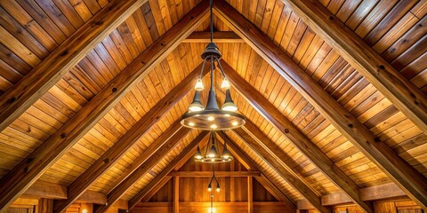 Triangle ceiling with pendant lights in wood lodge interior