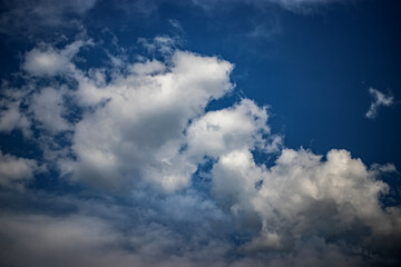 Fototapeta premium Fluffy white clouds drift across a bright blue sky during the afternoon, creating a serene and calming atmosphere above the horizon