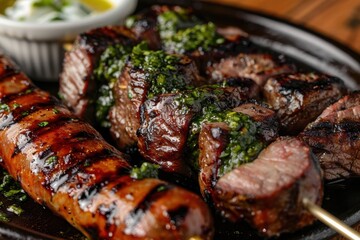 A skewer of churrasco, featuring a variety of grilled meats such as beef, chicken, and sausage, served with chimichurri sauce