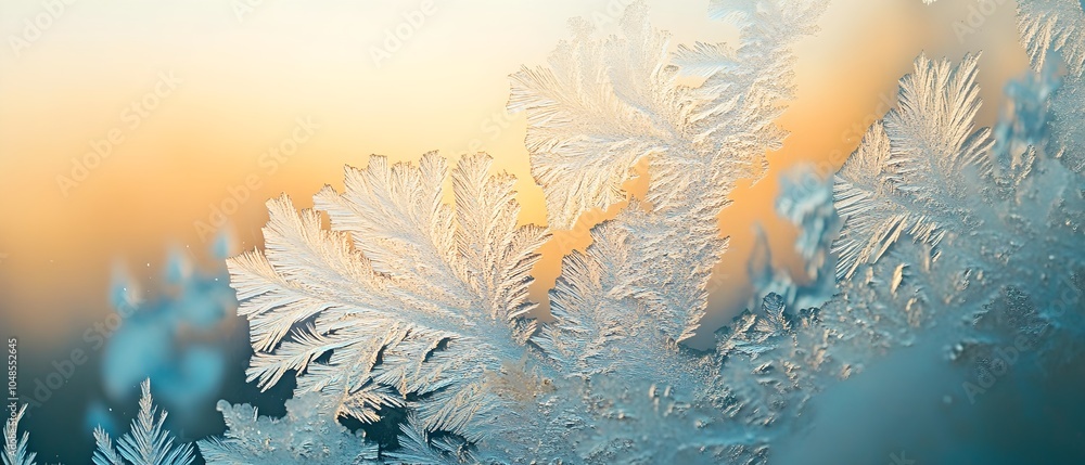 Poster frost patterns on window with soft sunset glow