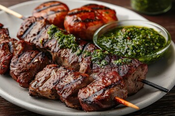 A skewer of churrasco, featuring a variety of grilled meats such as beef, chicken, and sausage, served with chimichurri sauce