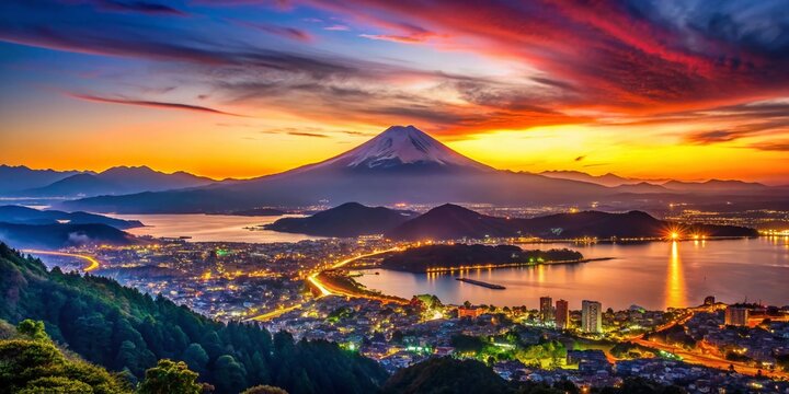 Aerial Double Exposure of Numazu City, Mount Fuji, and Suruga Bay at Sunset - Dusk to Night Transition