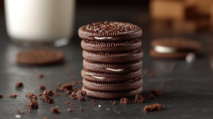 A stack of Oreo cookies on a dark slate surface, with crumbs and milk in the background, symbolizing a tempting and rich snack.