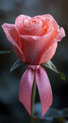 Pink Rose with Dew and Breast Cancer Awareness Ribbon Symbolizing Hope and Support