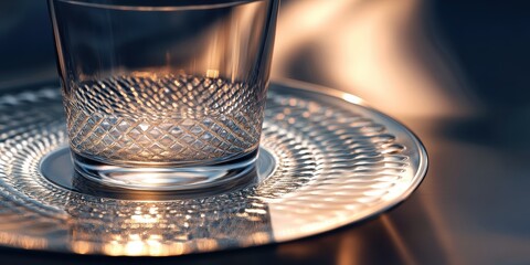 A glass with intricate design sits on a saucer.