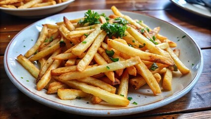 Golden crispy french fries served on a white plate topped with fresh parsley in a rustic dining setting