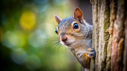 Obraz premium Macro Photography of a Curious Squirrel Peeking Around a Corner with Space for Text, Nature Close-Up, Wildlife Photography, Animal Behavior, Forest Habitat