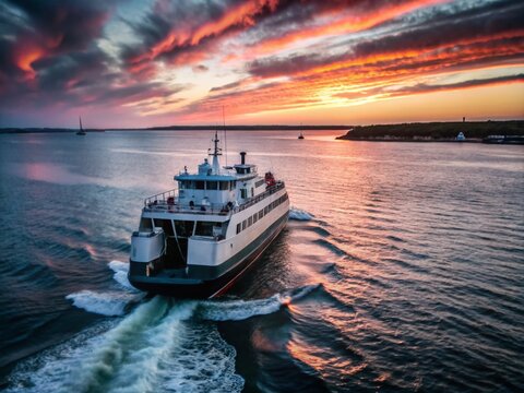 Aerial Silhouette of Block Island Fast Ferry Departing Old Harbor - Scenic Transportation in New Shoreham, RI