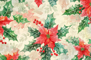 A festive pattern featuring vibrant holly leaves and red poinsettias, ideal for holiday-themed designs and decorations.