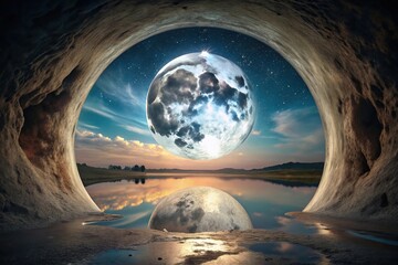 trick art landscape featuring a moon within a moon