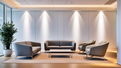 Fototapeta premium Modern office lounge with blank wall and comfortable seating.