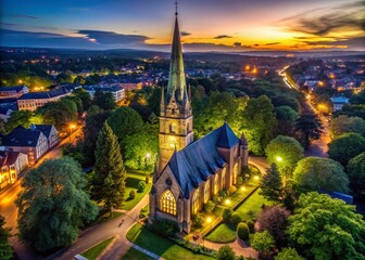 Fototapeta premium Aerial View of a Majestic Church Spire Surrounded by Lush Greenery and Urban Landscape