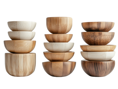 Aesthetic display of stacked wooden bowls in various shades, showcasing their natural texture and craftsmanship against a black background.