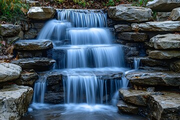 Tranquil waterfall cascading over rocks in a serene garden